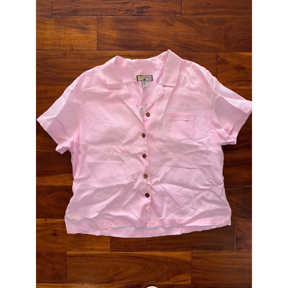 Caribbean‎ Joe Linen Blend Button Up Shirt Pink Short Sleeve Size XL